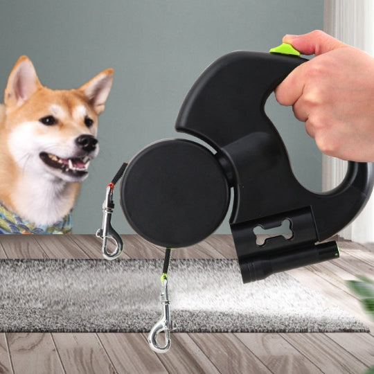 Doppelte Rollleine für 2 Hunde mit LED – Automatische Hundeleine, 360° drehbar & reflektierend