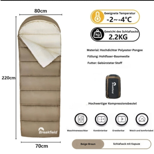 4-Jahreszeiten Camping Schlafsack – Dick gefüttert, wasserdicht & waschbar für Outdoor & Reisen