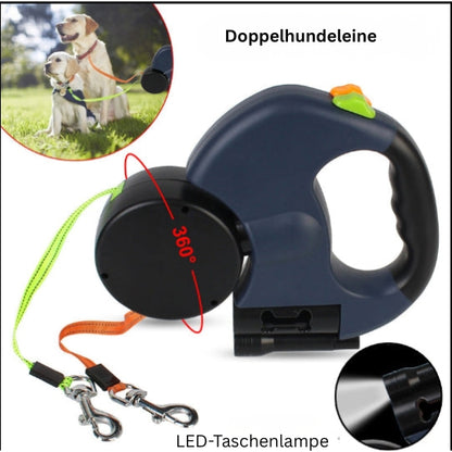 Doppelte Rollleine für 2 Hunde mit LED – Automatische Hundeleine, 360° drehbar & reflektierend
