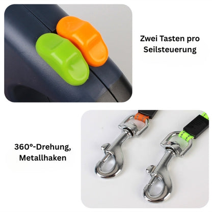 Doppelte Rollleine für 2 Hunde mit LED – Automatische Hundeleine, 360° drehbar & reflektierend